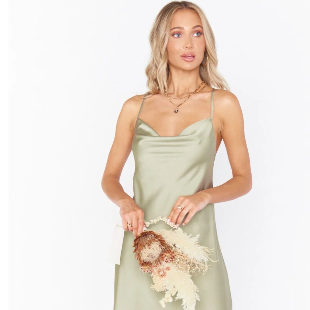 Show Me Your Mumu Verona Cowl Dress Size M in Moss Green Luxe Satin